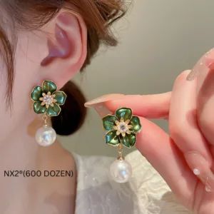 Emerald Bloom Pearl Drop Earrings